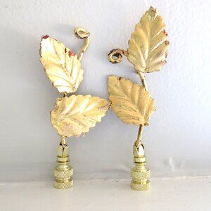 Vintage Italian Tole Leaf Lamp Finials, Gold Leaf Patina, Pair